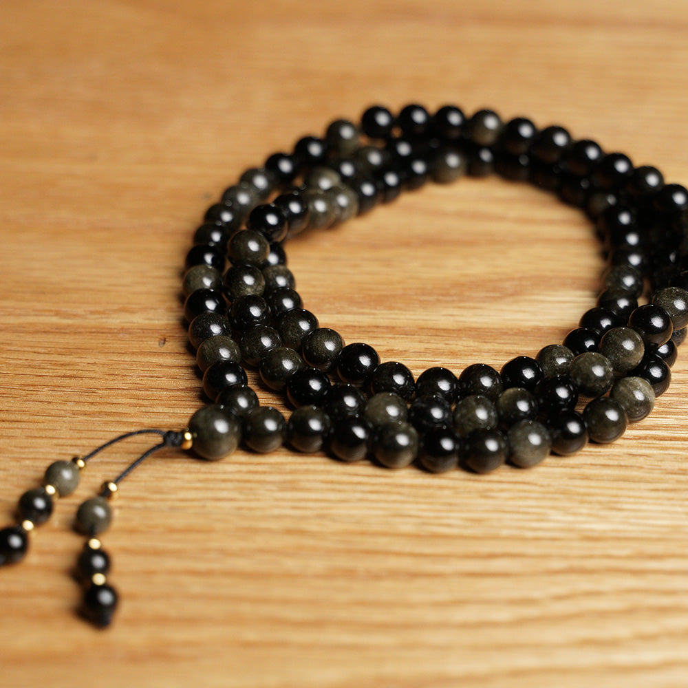 JAPA MALA 108 CUENTAS OBSIDIANA DORADA DETALLE DORADO