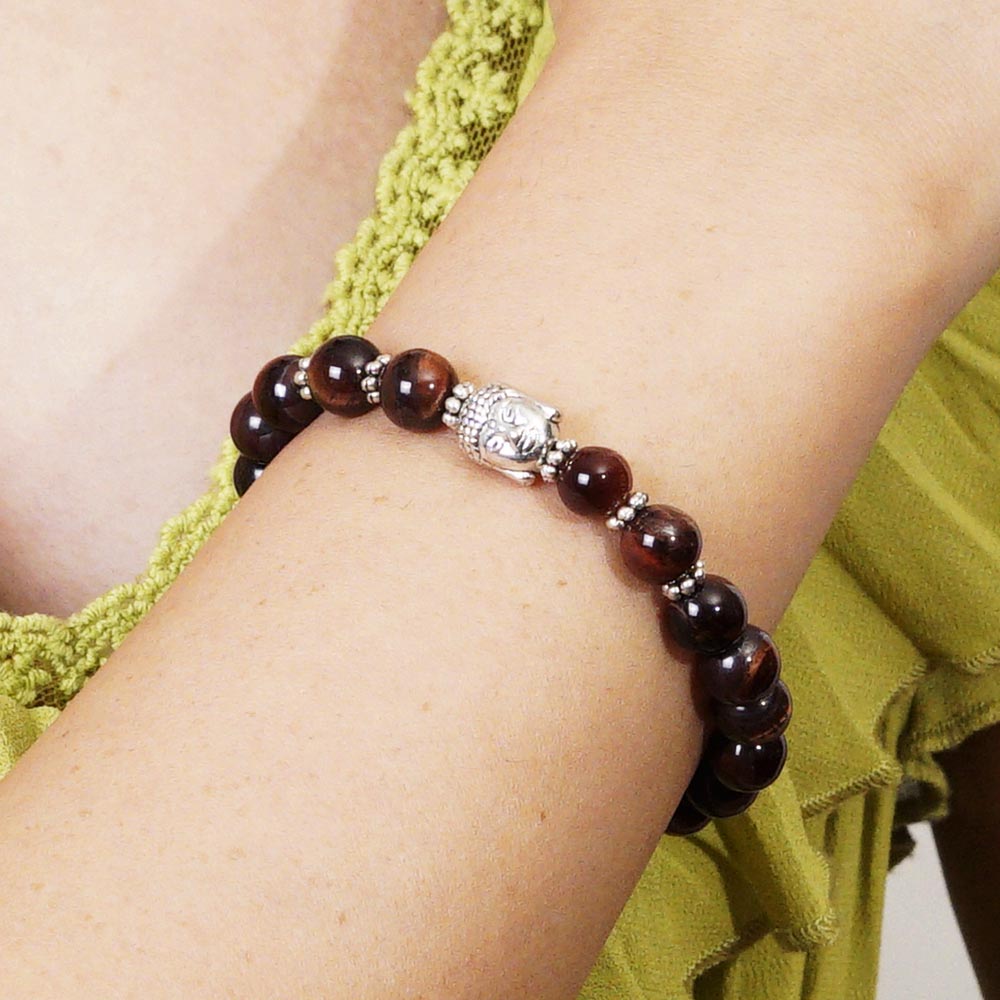 PULSERA ELÁSTICA OJO DE TIGRE ROJO (8MM) + DETALLE ZINC