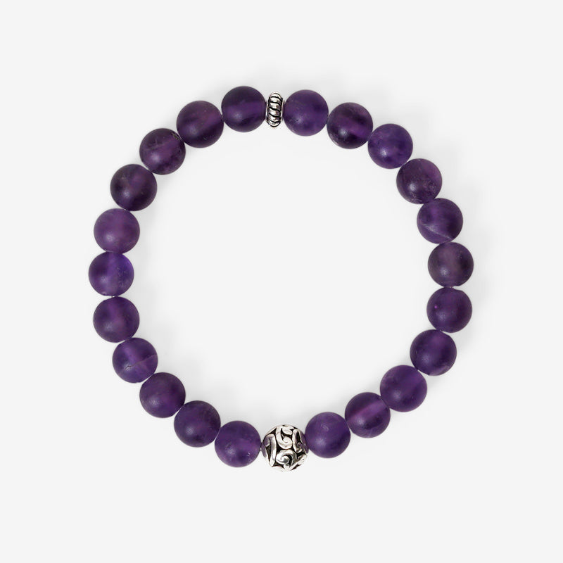 PULSERA ELÁSTICA AMATISTA MATE (8 MM) + DETALLE DE PLATA Y ZINC
