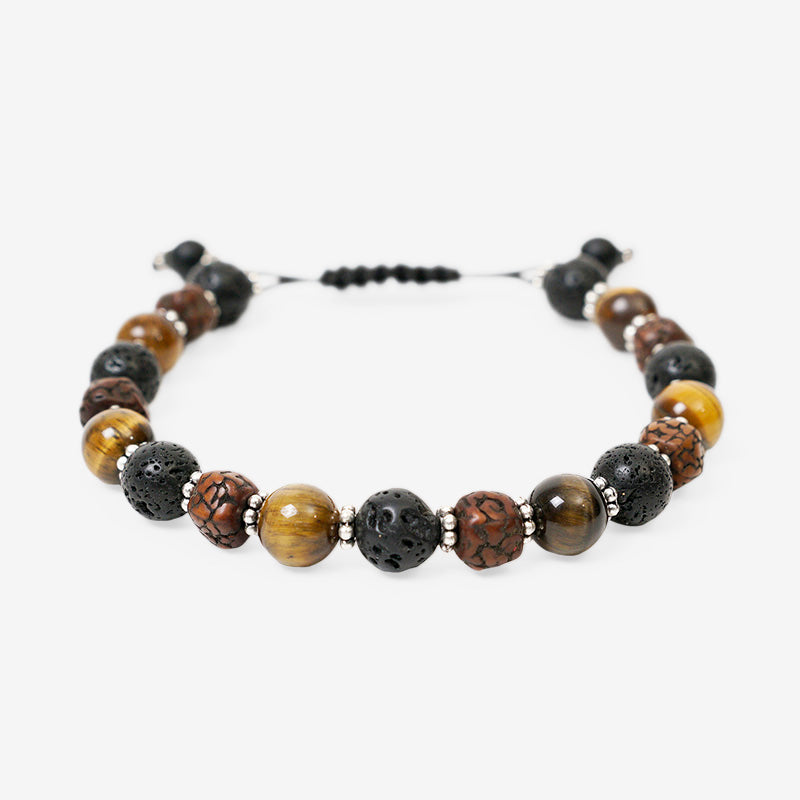 PULSERA AJUSTABLE OJO DE TIGRE, SEMILLA DE RUDRAKSHA Y PIEDRA VOLCÁNICA (8 MM)