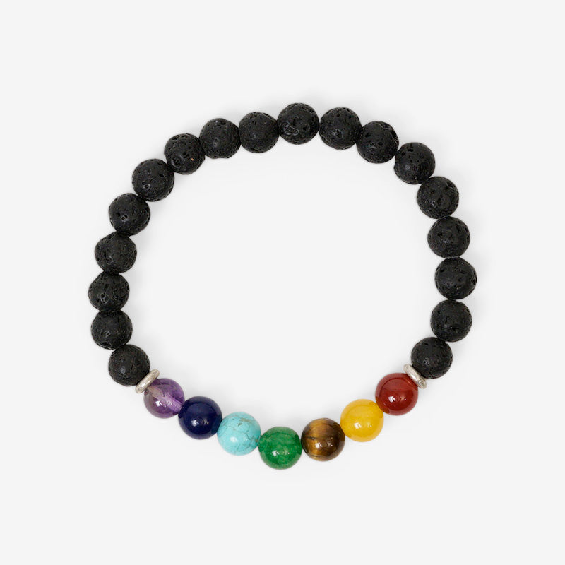 PULSERA ELÁSTICA PIEDRA VOLCÁNICA + 7 CHAKRAS (8 MM)