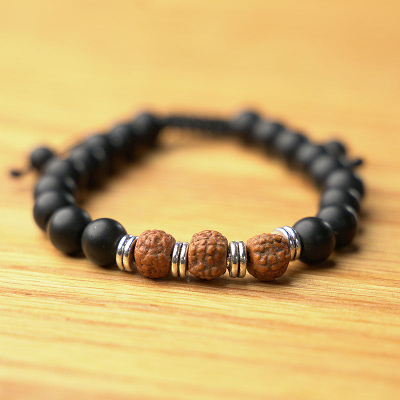 PULSERA AJUSTABLE SHALIGRAM Y RUDRAKSHA DETALLE PLATEADO (8 MM)